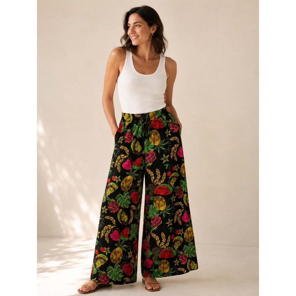 Anemh Womens Fruit Print Wide Leg Pants OS‎ Cotton Tropical Summer Vacation Boho